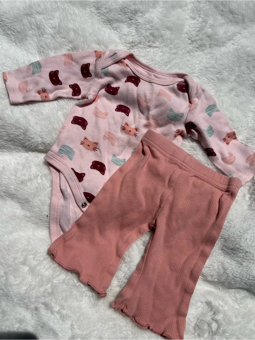 Rene Rofe Baby Pink Cat Print Onesie with Dusty Rose Ribbed Pants